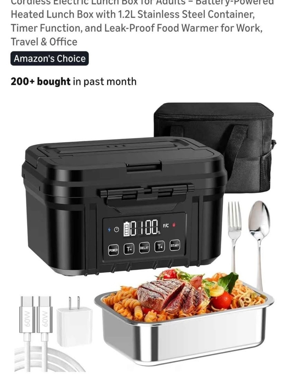 New Electric Heated Lunch Box with Stainless Steel Insert - Black